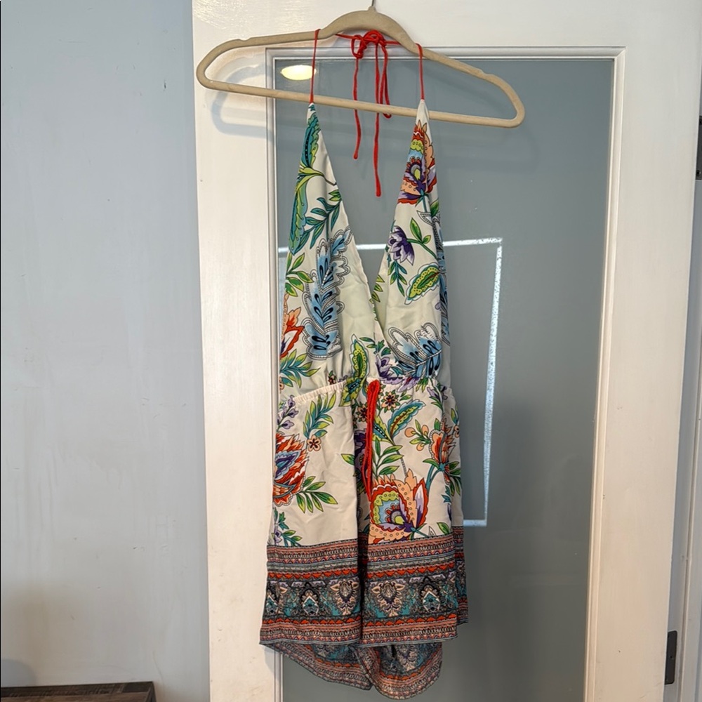 Floral Halter Romper with Red Tie